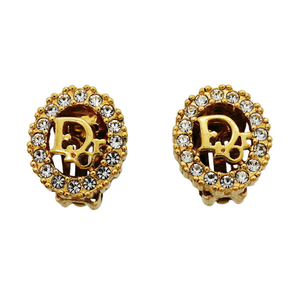 Christian Dior Earrings, Oval, GP Plated, Rhinestone, Gold, Women's
